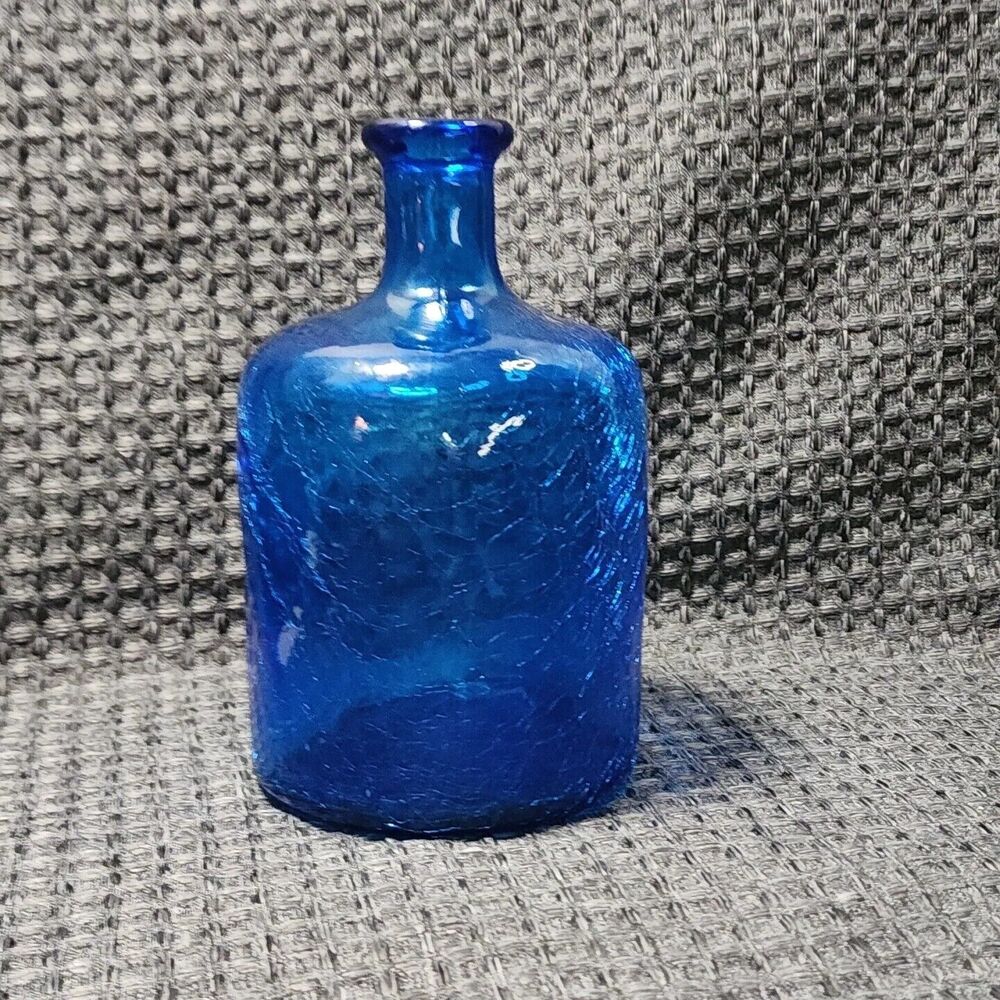 Jug Crackle Glass Blue Swirl Pattern 7.5" Tall X 4" Dia. Decorative Heavy
